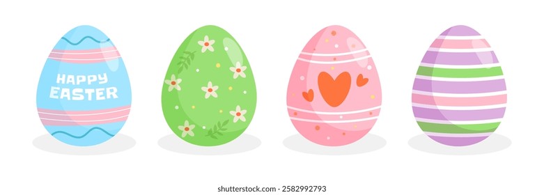 Colorful Easter eggs collection, decorated eggs. Vector illustration. Isolated on white background