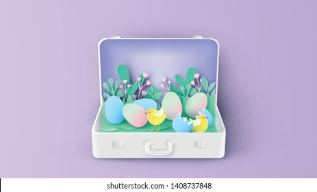 Colorful Easter eggs with cute chicks in grass nest inside suitcase. Creative design for Easter. paper cut and craft style. vector, illustration.