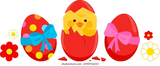 Colorful Easter eggs and cute hatching chicken bird. Painted red Easter eggs for traditional holiday celebration and baby chick. Vector illustration