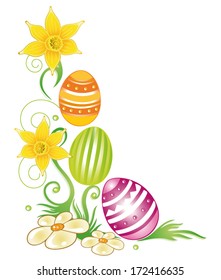 Colorful Easter eggs with daffodils