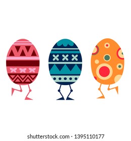 colorful Easter eggs dancing on white background