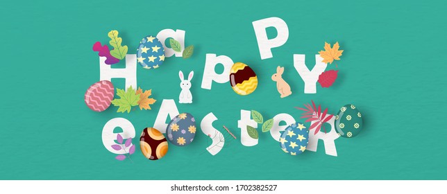 Colorful Easter eggs and decorate plants on white Happy Easter wording and light green background. Easter eggs hunt greeting card in vector design.