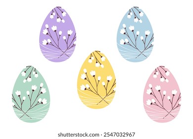 Colorful Easter eggs decorated flowering twigs and strings. Easter Decorative design elements concept