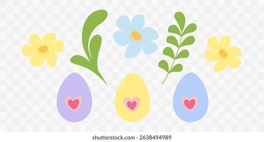Colorful Easter Eggs decorated Heart, Flower Buds and Green leaves Ester and Spring Elements Bundle