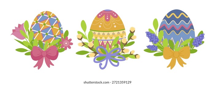 Colorful Easter eggs decorated with intricate patterns and surrounded by vibrant floral arrangements. Includes pink, yellow, and blue eggs with bows and blossoms. Vector illustration.