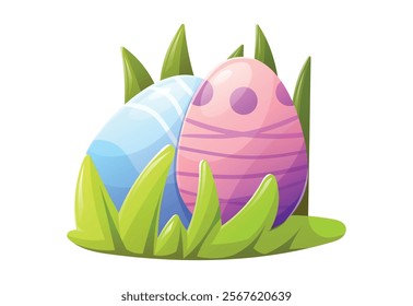 Colorful Easter eggs decorated with patterns, nestled in vibrant green grass. Vector isolated cartoon illustration. Holiday designs, greeting cards, posters, invitations, and festive digital projects.