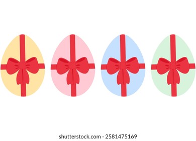 Colorful Easter Eggs decorated red ribbon bow. Easter greeting festive design element concept Set 4