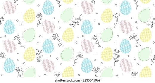 Colorful Easter eggs with different textures on a white background with flowers and inflorescences. Festive endless texture. Vector seamless pattern for festive design, Easter wrapping paper, giftwrap