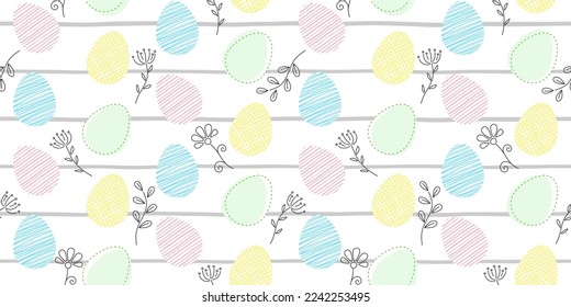 Colorful Easter eggs with different textures, black outline flowers and inflorescences on a striped background. Festive endless texture. Vector seamless pattern for wrapping paper, giftwrap and print