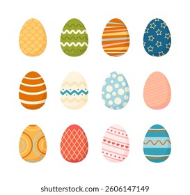 Colorful Easter eggs with different textures. Spring flat clipart set. Holiday collection of Easter elements.