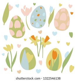 Colorful Easter Eggs Doodle Set Decorations. Spring Flowers. Bright Colors. Great for postcard, fabric, holiday ideas