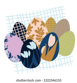 Colorful Easter Eggs Doodle Set Decorations. Spring Flowers. Bright Colors. Great for postcard, fabric, holiday ideas