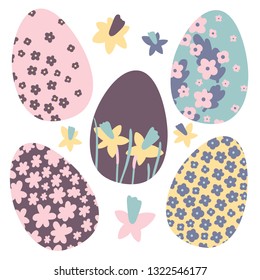 Colorful Easter Eggs Doodle Set Decorations. Spring Flowers. Bright Colors. Great for postcard, fabric, holiday ideas