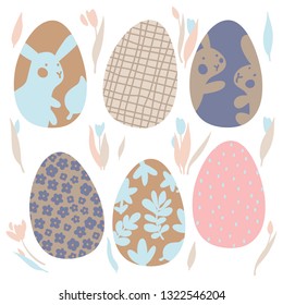 Colorful Easter Eggs Doodle Set Decorations. Spring Flowers. Bright Colors. Great for postcard, fabric, holiday ideas