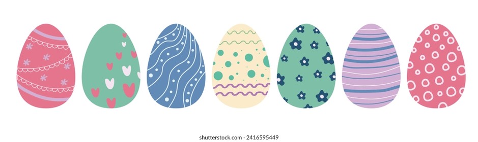 Colorful Easter eggs drawn by hand on a white background. Vector.