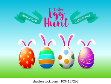 Colorful Easter eggs and ears of a rabbit. Easter Egg Hunt concept. Illustration, design for poster, banner, webside and greeting card.