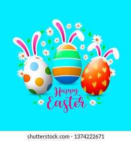 Colorful Easter eggs and ears of a rabbit. Easter Egg Hunt concept. Illustration, design for poster, banner, website.