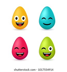 Colorful Easter eggs emoji set. Cute funny emotional icons. Happy emoticons. Smiling faces symbols. Vector illustration.
