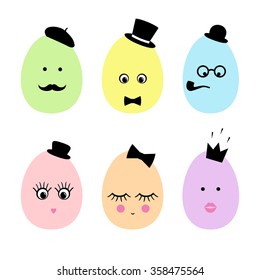Colorful Easter eggs with faces, fashion glasses, mustache, bow-tie, hat, tobacco pipe, eyes, lashes, lips, crown on white background. Cute Happy Easter card illustration.
