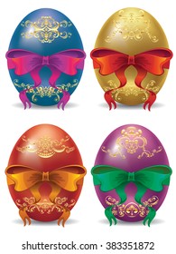 Colorful Easter eggs with festive bows on white background.