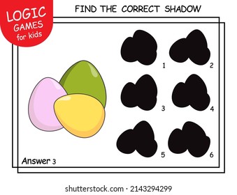 Colorful Easter Eggs. Find the correct shadow. Cute cartoon bird eggs. Learning matching game. Logic Game for Kids. Education worksheet for child. Happy Easter. Spring holiday. Task with answer.