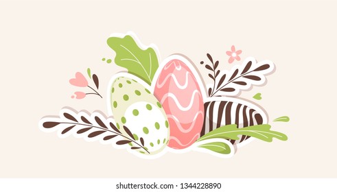 Colorful easter eggs with floral elements. Vector illustration