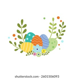 Colorful Easter Eggs with Floral Elements and Greenery