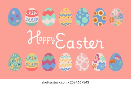 Colorful easter eggs with floral and geometric patterns create a festive greeting card for the spring holiday celebration