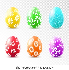 Colorful easter eggs with floral pattern isolated on transparent background. Vector illustration.