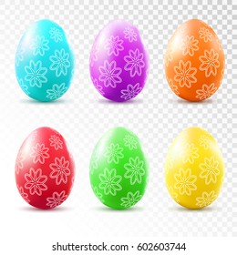 Colorful easter eggs with flower pattern isolated on transparent background. Vector illustration. 