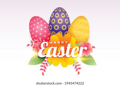 colorful easter eggs and flowers background