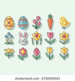 Colorful Easter eggs flowers chick bunny carrot illustration