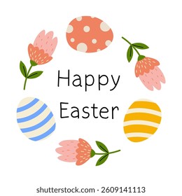 Colorful Easter eggs and flowers create a festive circle celebrating springtime joy