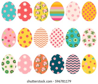 Colorful Easter eggs with flowers, dots and patterns for greeting cards, and egg hunt designs
