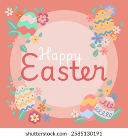 Colorful easter eggs and flowers framing a round copy space with the text happy easter on a pastel pink background