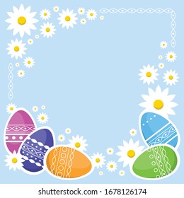 Colorful easter eggs with flowers. Greeting card with extra space for the text or additional elements
