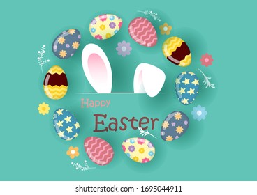 Colorful Easter eggs and flowers with Happy Easter wording and white ears of bunny on light green background. Easter eggs hunt greeting card in vector design.