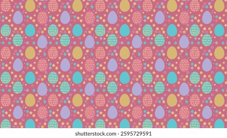 Colorful Easter eggs and flowers on a pink background in a seamless festive pattern.
