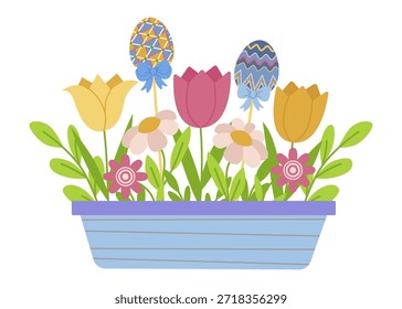 Huevos y flores de Pascua coloridos en una ilustración de la jardinera