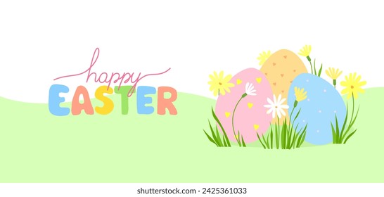Huevos de Pascua coloridos con flores, plantas y texto de letras. Cartel de saludo por el Día de Pascua.