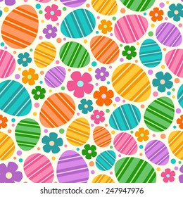 Colorful Easter Eggs and Flowers Seamless Vector Pattern
