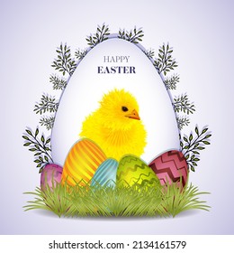 Colorful Easter eggs and flowers. Vector illustration. Chick.