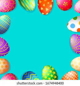 Colorful Easter eggs frame. Happy Easter day background. Illustration isolated on blue background.