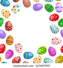 Colorful Easter eggs frame, seamless pattern. Happy Easter day background. Illustration isolated on white.