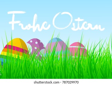 colorful easter eggs in fresh green grass against blue sky with words „Frohe Ostern“ (Happy Easter Holidays in German)