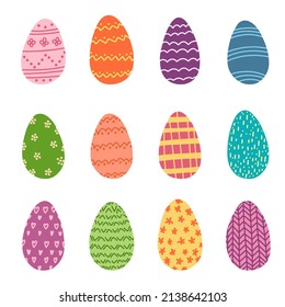 Colorful Easter eggs with funny ornament in cartoon flat style. Spring holiday set for decoration