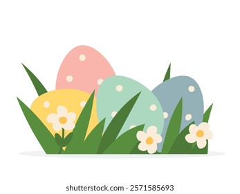 colorful easter eggs in the grass; concept of egg hunt which is a game typically played during Easter- vector illustration