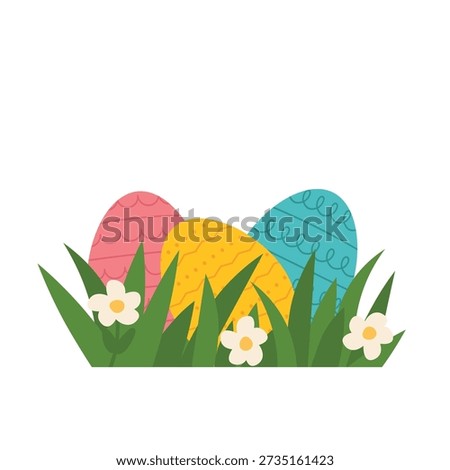 colorful easter eggs in the grass; concept of egg hunt which is a game typically played during Easter- vector illustration