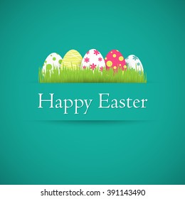 Colorful Easter eggs in grass with happy Easter card on a turquoise background. Vector illustration.
