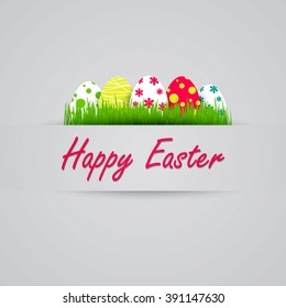 Colorful Easter eggs in grass with happy Easter card on a grey background. Vector illustration.